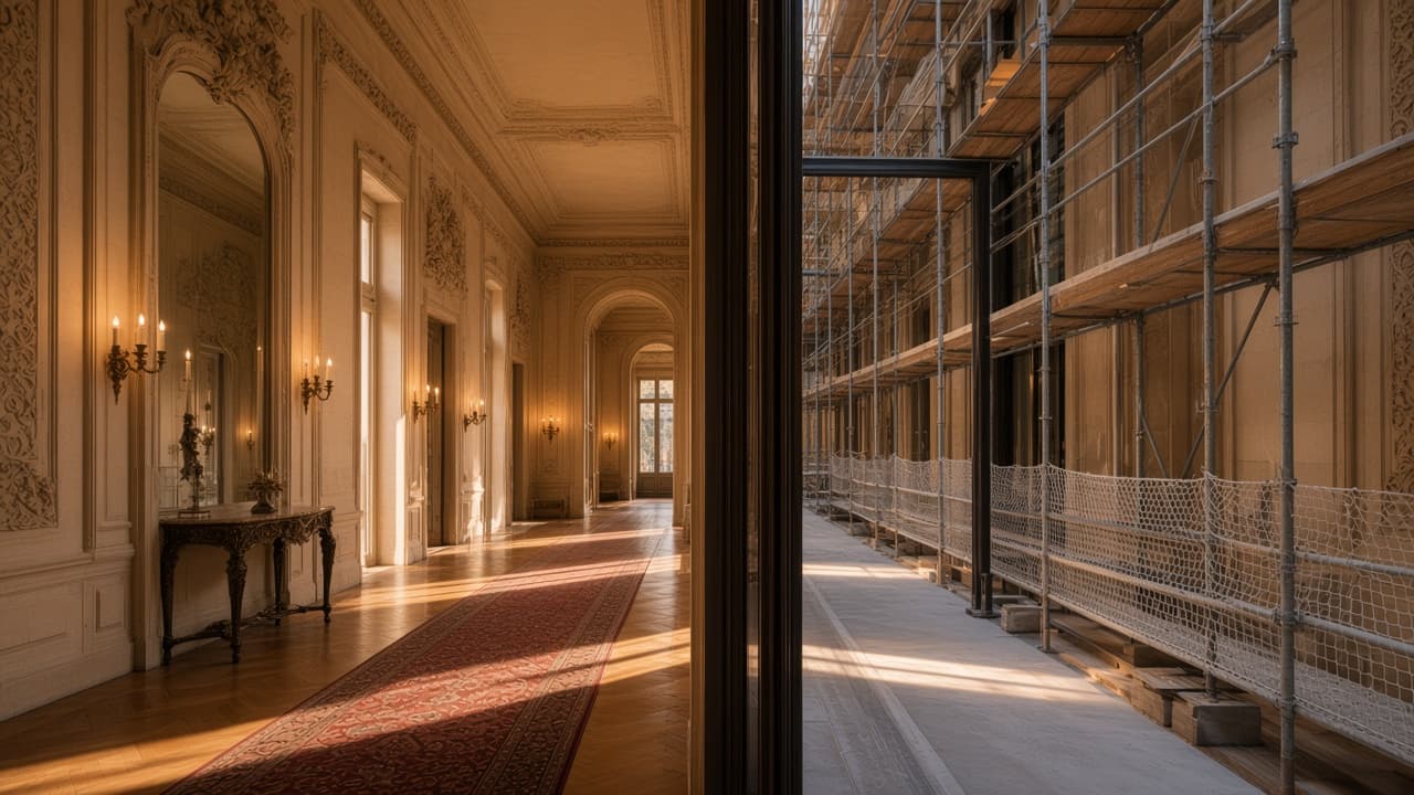Couloir partagé entre aile en service et aile en travaux