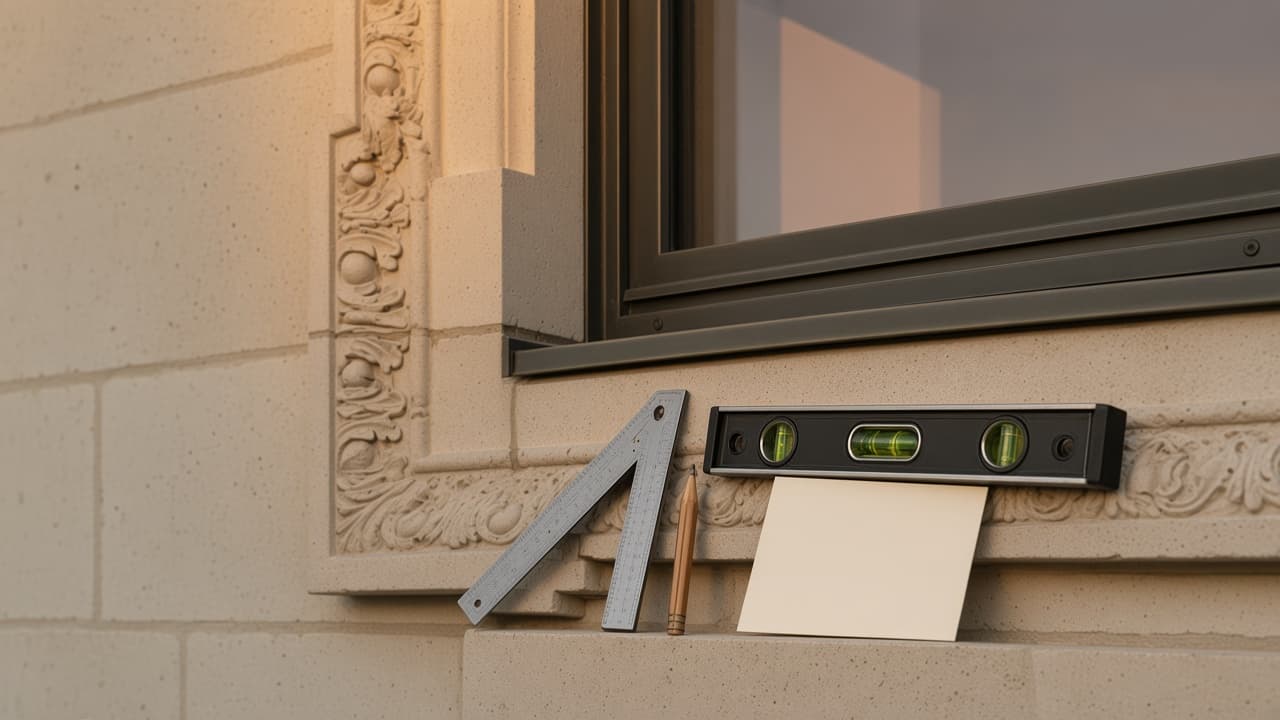 Outils et niveau sur appui en pierre, geste de méthode