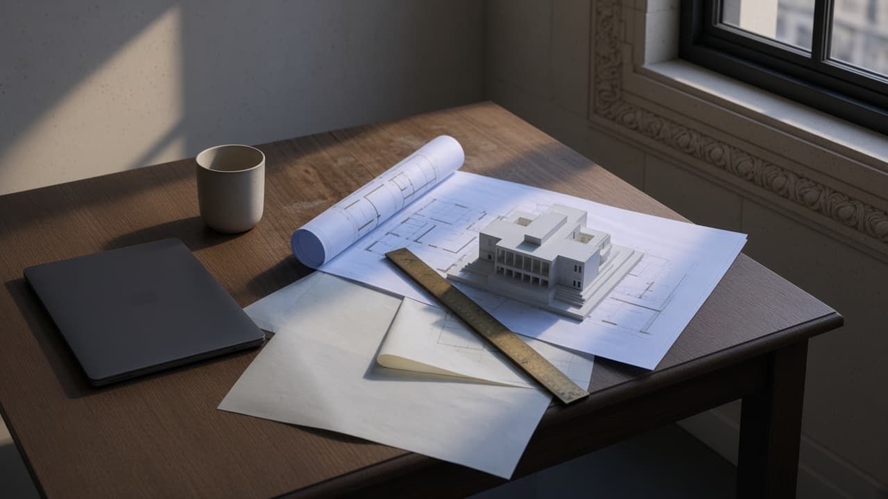 Bureau d'étude : maquette, plans et ordinateur fermé