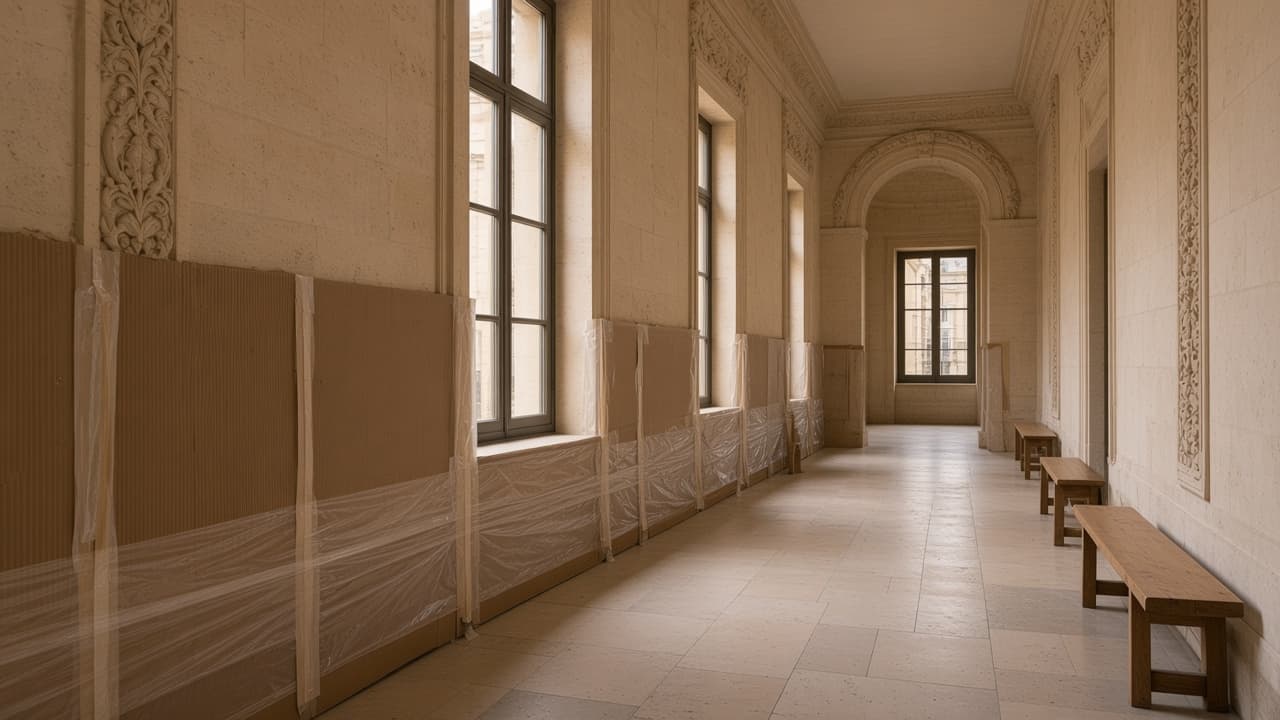 Couloir encore habité avec protections de chantier discrètes